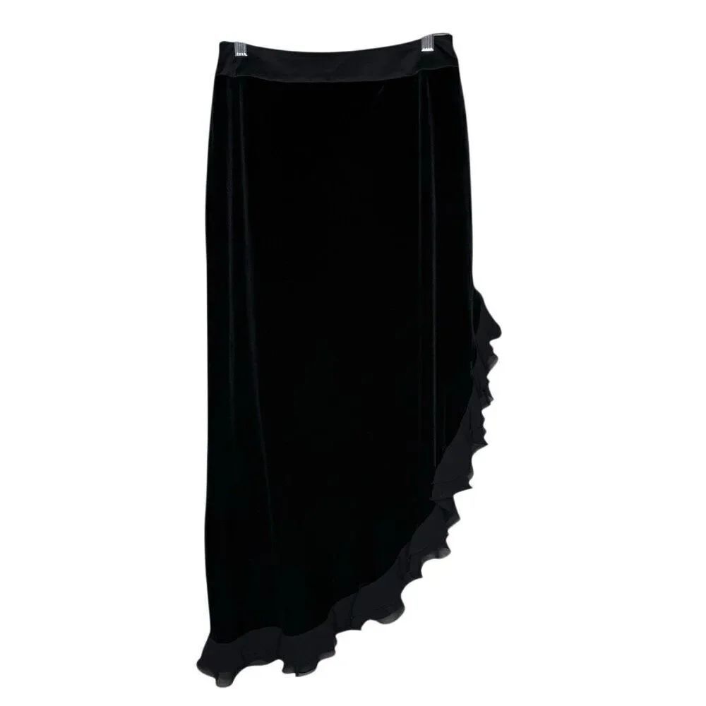 JS Collections Black Velvet Ruffled Asymmetrical Midi Skirt Size8 Vintage, Whims
